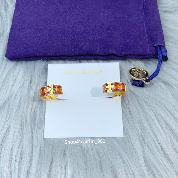 Tory Burch Kira Enamel Huggie Hoop Earring Shiny Hematite - Picture 4 of 6